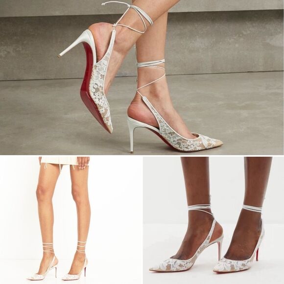 CHRISTIAN LOUBOUTIN White Kate Lace Pumps Size 38 US 8 Lace Up Satin Trim Heels - Picture 2 of 15